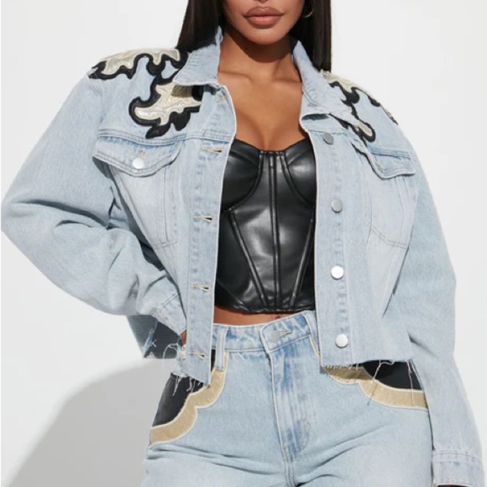 Fashion Nova Charley PU Patch Denim Trucker Jacket Light Wash